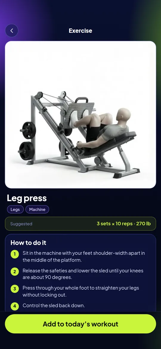 Exercise guide for the leg press with a video demo and steps