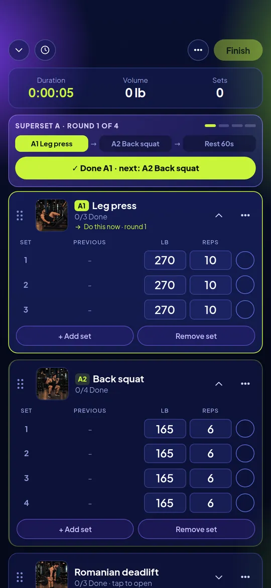 A workout in progress with a guided superset