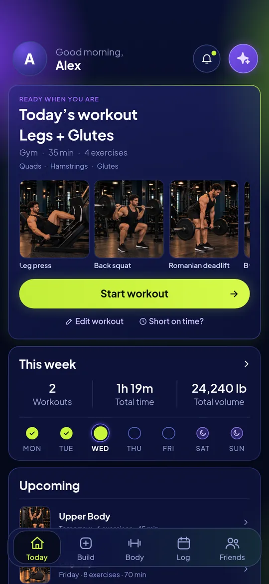 Everrep Today screen with the day’s workout and a Start workout button