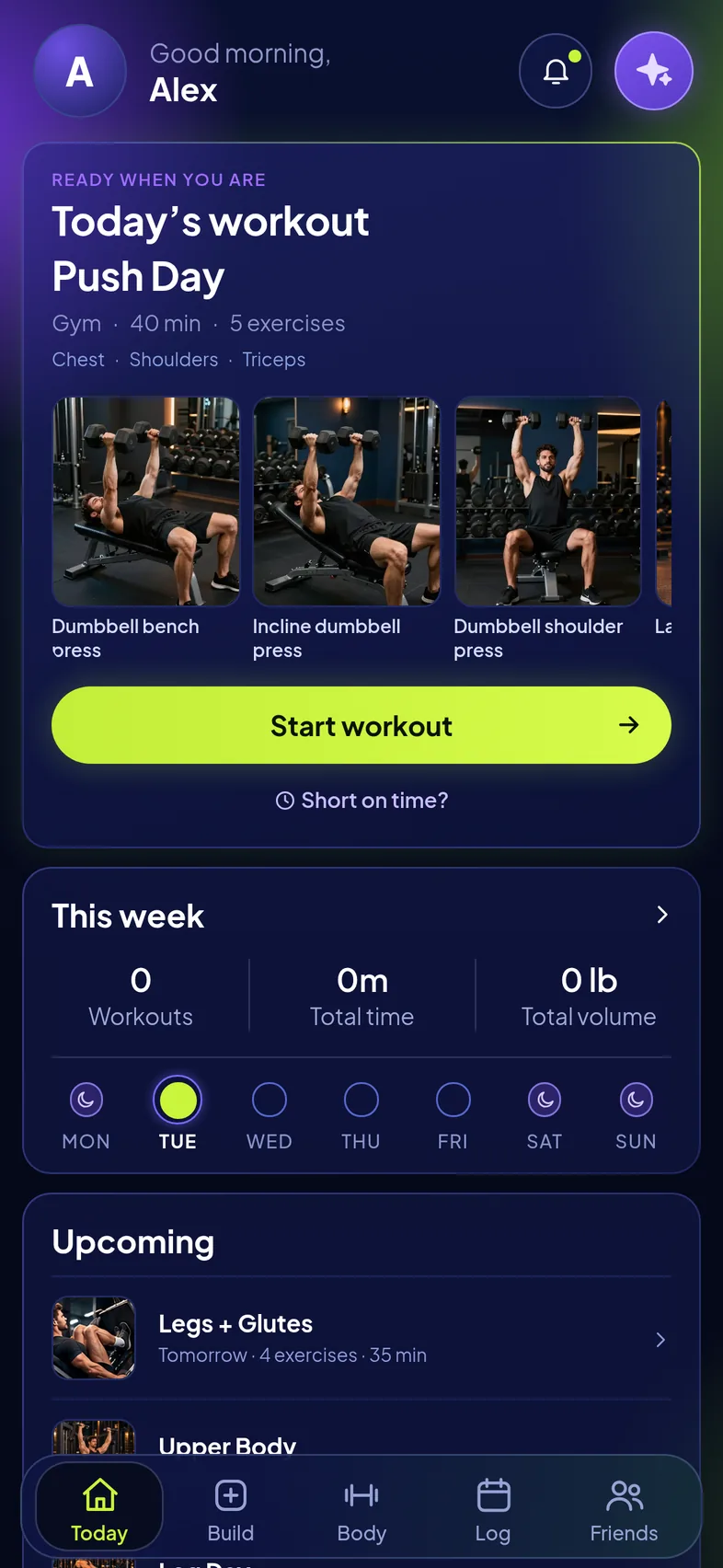 Everrep Today screen showing today's Push Day workout with exercises and a Start workout button